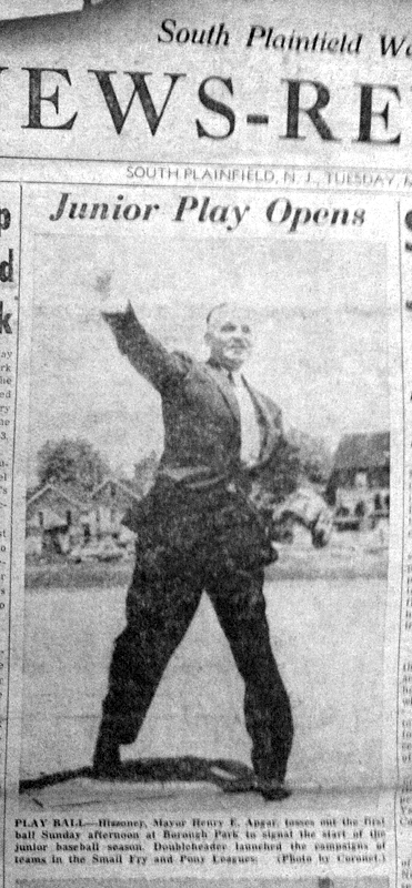 South Plainfield, New Jersey, Mayor Harry Apgar tosses the first pitch at opening day ceremonies, 1956